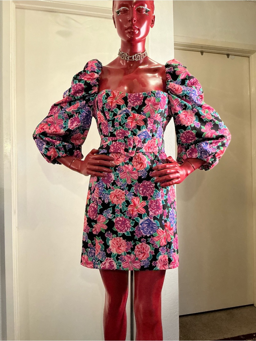 Zara Floral Puff-Sleeve Square-Neck Mini Dress in Pink & Black